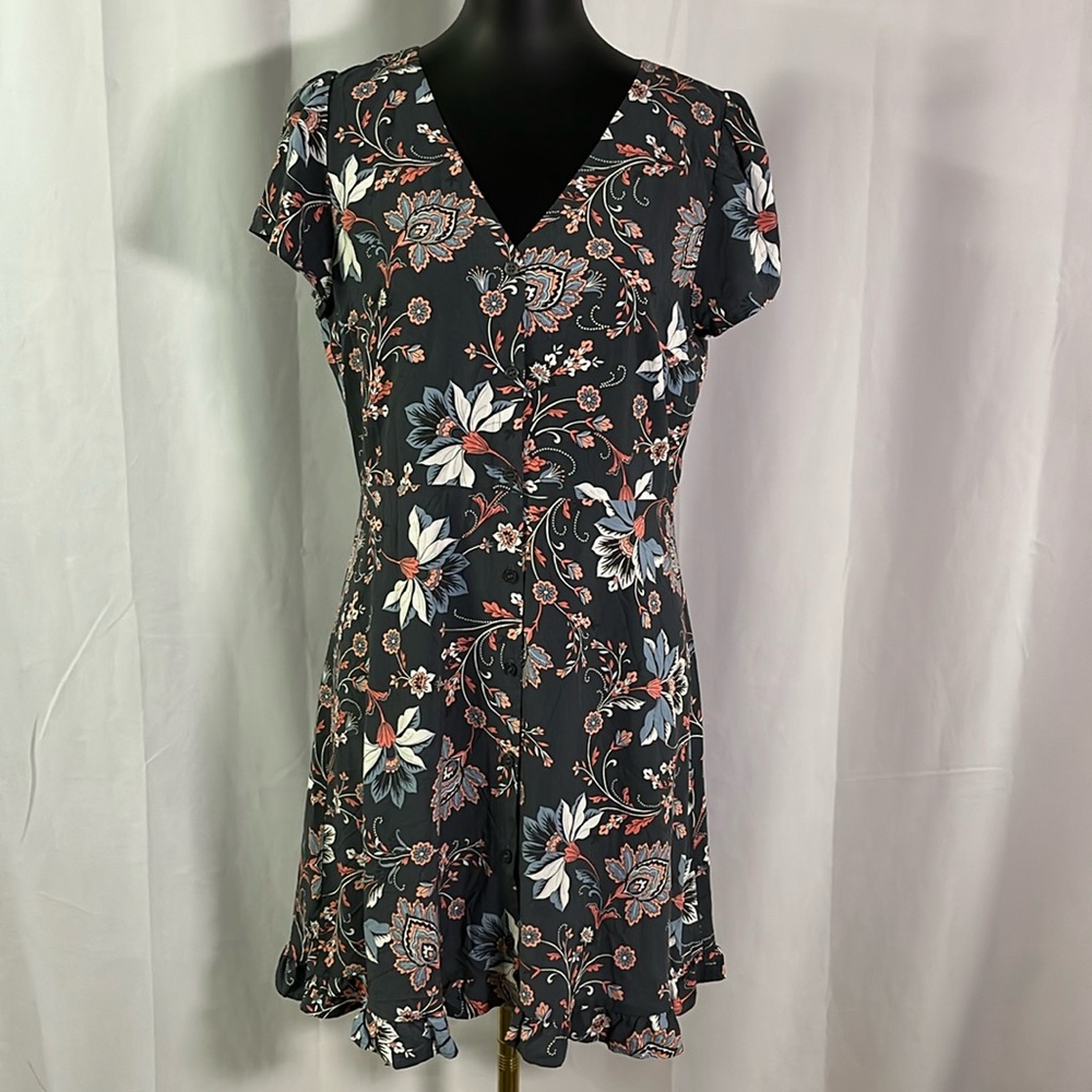 LOFT Slate Gray Coral & Blue Floral Print Flutter Sleeve Button Front Midi Dress
